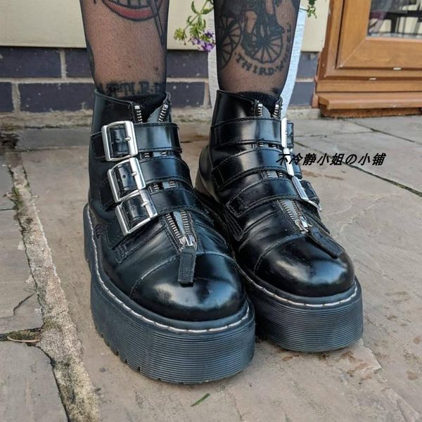 

boots spring and autumn harajuku style platform belt buckle front zipper women's retro british punk student short, Black