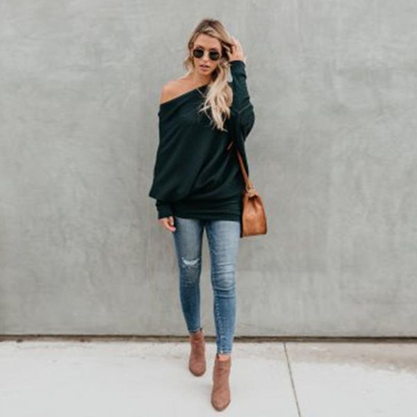 

women's sweaters one-shoulder fashion sweater batwing sleeve knitted autumn winter loose versatile multicolor, White;black