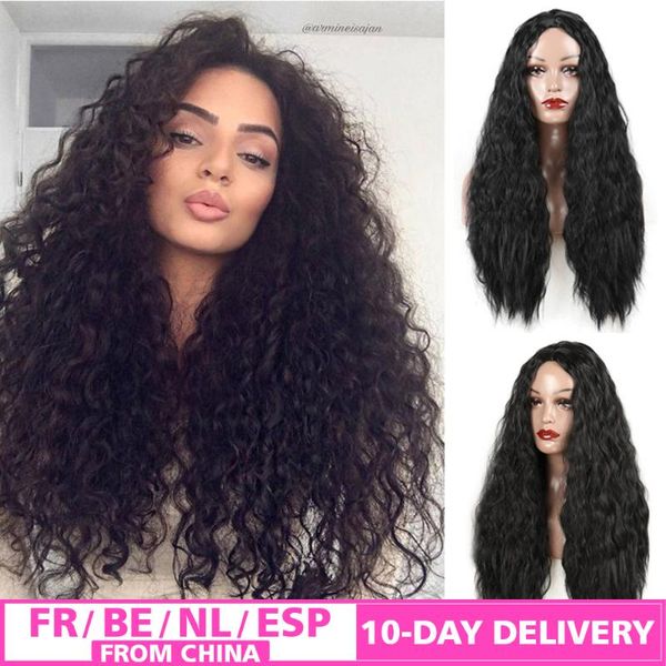 

synthetic wigs kinky straight wig natural black cosplay daily lolita middle part heat resistant fiber long wave for women