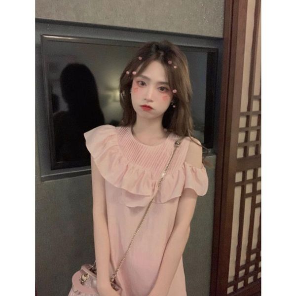 

casual dresses 2021 women's clothing soft mist light smoke/sweet girl attack battle petal drop shoulder skirt female, Black;gray