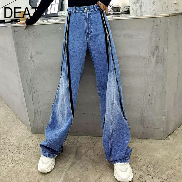

[deat] casual solid blue stretch patchwork high waist zippers decoration streetwear wide leg pants mall goth spring gx479 210428