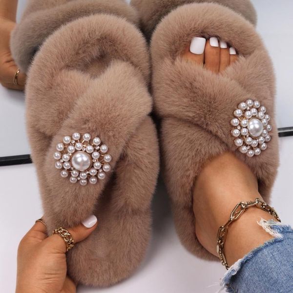 

slippers designer slides fluffy for home flat faux fur sandals platform flip flops pearl women outdoor casual shoes, Black
