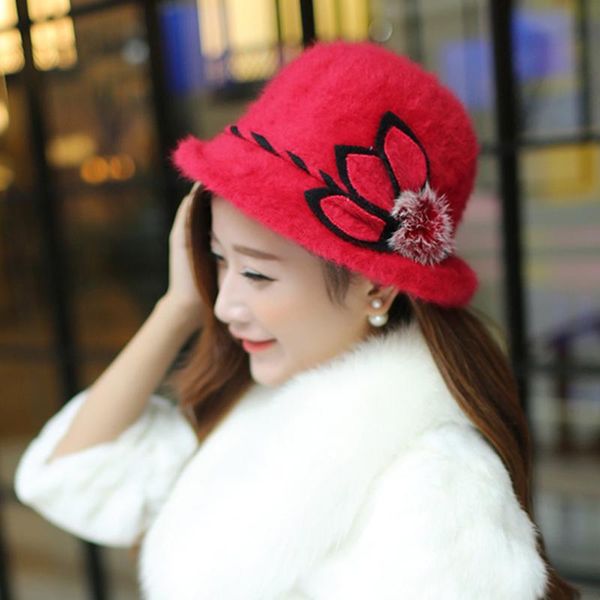 

stingy brim hats elegant fashion winter fedoras hat for woman 's hair fur keep warm caps vintage england bowler cap flower ornaments, Blue;gray