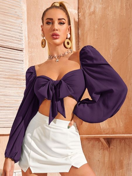 

tie front lantern sleeve crop milkmaid n6ag#, White