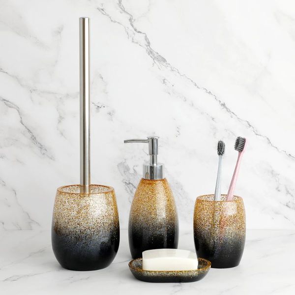 

bath accessory set 4 piece gold sequins bathroom soap lotion dispenser, toothbrush and toothpaste holder dish tumbler