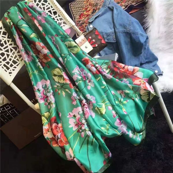

nice quality classic brand 100%silk scarf for women new spring designer floral flower long scarves scarfs wrap with tag 180x90cm shawls, Blue;gray