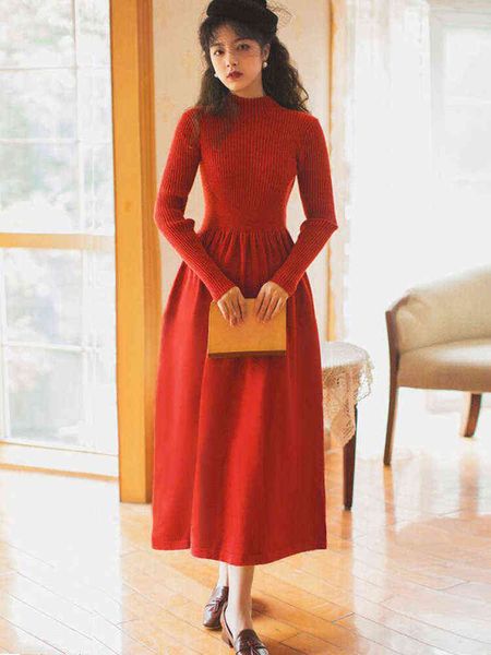 2021 Winter Langes Kleid Frauen Herbst Vintage Halb Hohe Colar Langarm Geraffte Stricken Kleid Mode Elegante Dame Pullover Kleid g1214