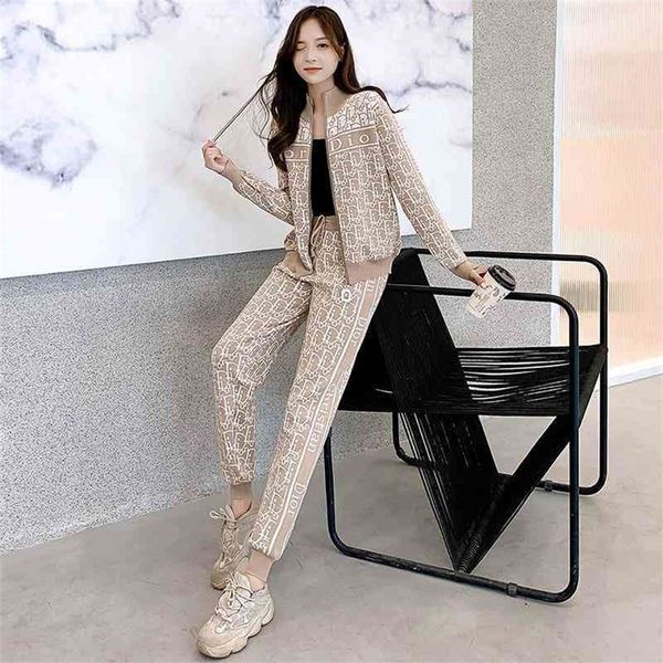 

european goods autumn and winter net red fashion knitted suit versatile sports leisure waist slim two-piece set women's, White