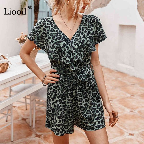 

shorts casual leopard print playsuits women summer lace up short sleeve v neck ruffles loose womens jumpsuits shorts gdgf, White;black