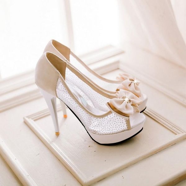 

dress shoes 2021 sweet style fine with waterproof platform bow thick bottom mesh gauze wild single women, Black
