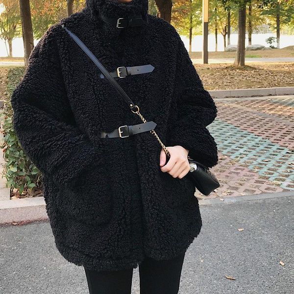 

women's fur & faux jacket women coat lamb wool for winter imitation loose overcoat veste femme, Black