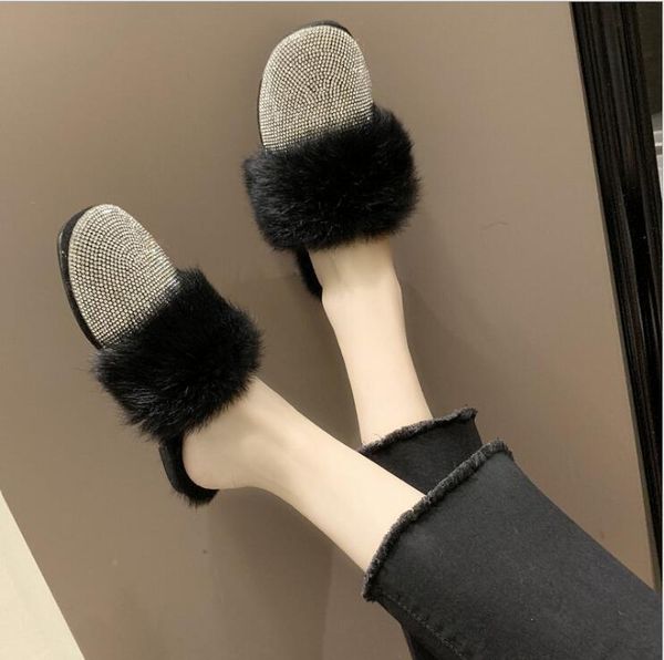 

ladies round toe designer shoes women luxury 2021 rhinestone fur crystal slippers diamond mules slip on flats, Black