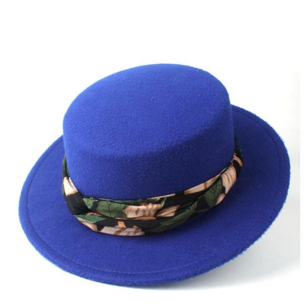 

fashion women flat hat with ribbon wide brim wool trilby casual wild size 56-58cm hats, Blue;gray