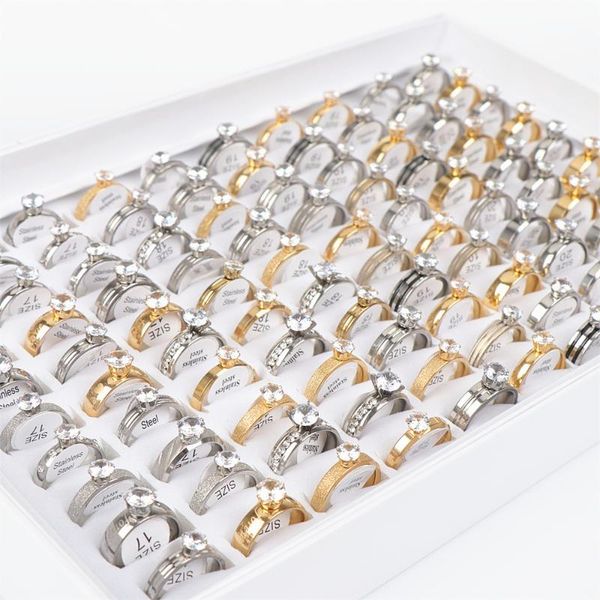 

wedding rings 20pcs/lot fashion zircon rhinestone stainless steel engagement jewelry mix style wholesale, Slivery;golden