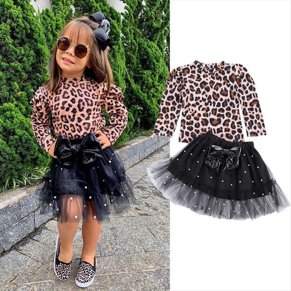 

fashion autumn kids girls 2 piece outfit suit leopard print long sleeve pullover skirts with pearl bow party infant, White