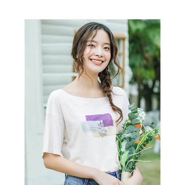 

t shirts summer linen-cotton round collar dropped shoulder sleeve loose printed t-shirt 2rlo, White