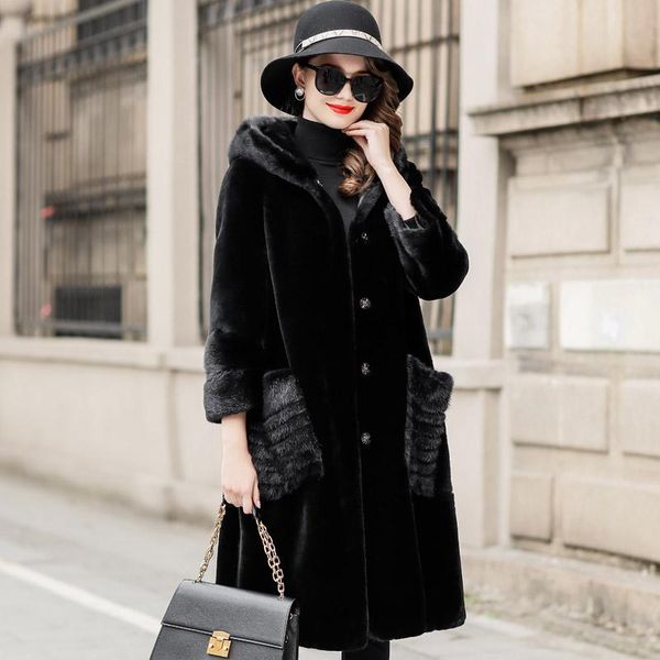 

women's fur & faux winter coat women 2021 mink pocket hooded sheep integrated mid long fs21140, Black