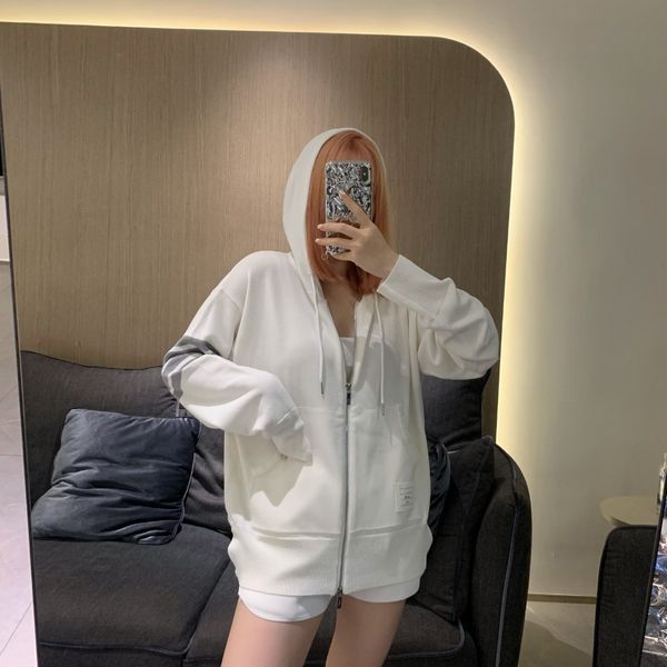 

8968tb hooded zipper sunscreen college stripe four bar hemp ice silk knitted cardigan jacket, White