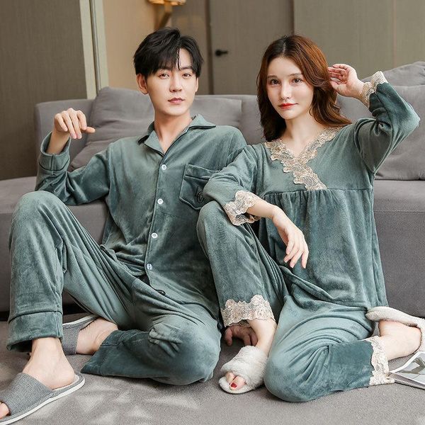 

men's sleepwear fzslcyiyi couple korean lace trim gold velvet pajamas set lover homewear autumn winter velour pyjamas for family, Black;brown