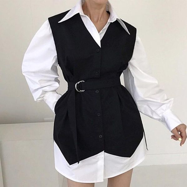 

casual dresses [ewq] korean chic lapel black white contrast stitching fake two-piece lace up waist closed bubble sleeve shirt dress women 20, Black;gray