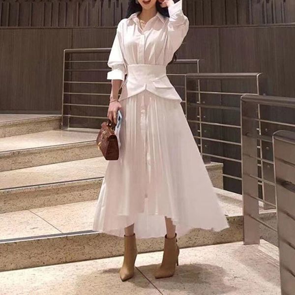 

casual dresses elegant pleated dress for women lapel long sleeve high waist maxi female fashion clothing 2021 fall spring, Black;gray