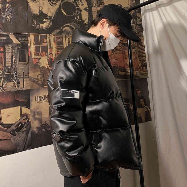 

2021 new korean version thickened stand collar cotton winter warm frosted pu leather padded et men's, Black