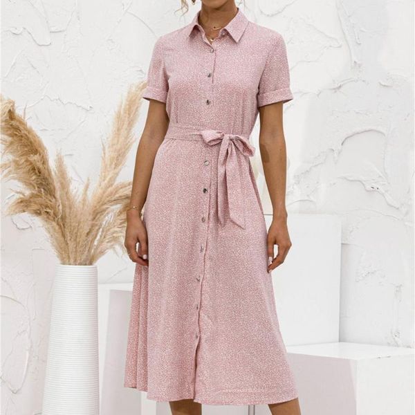 

casual dresses summer woman print single breasted belt shirt dress 2021 fashion elegant ladies short sleeve buttons boho beach, Black;gray