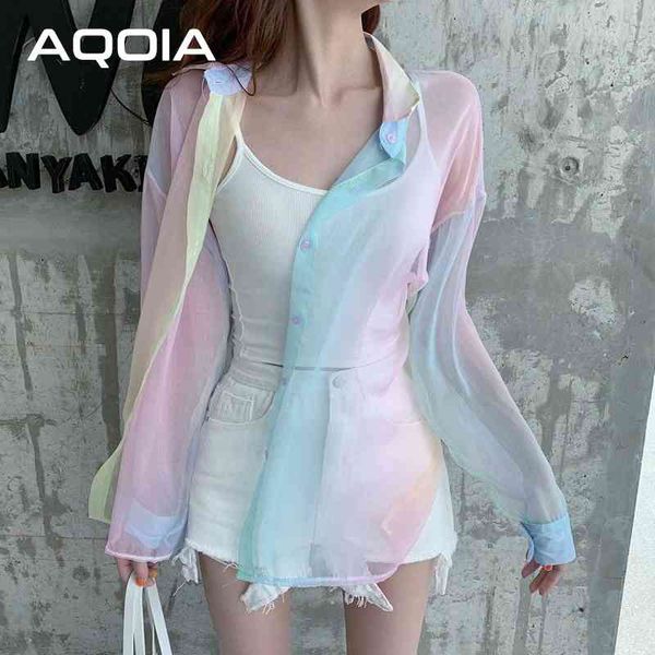 Sommer Strand Regenbogen Frauen Blusen Hemden Transparent Lose Damen Hemd Langarm Umlegekragen Weibliche Kleidung 210521