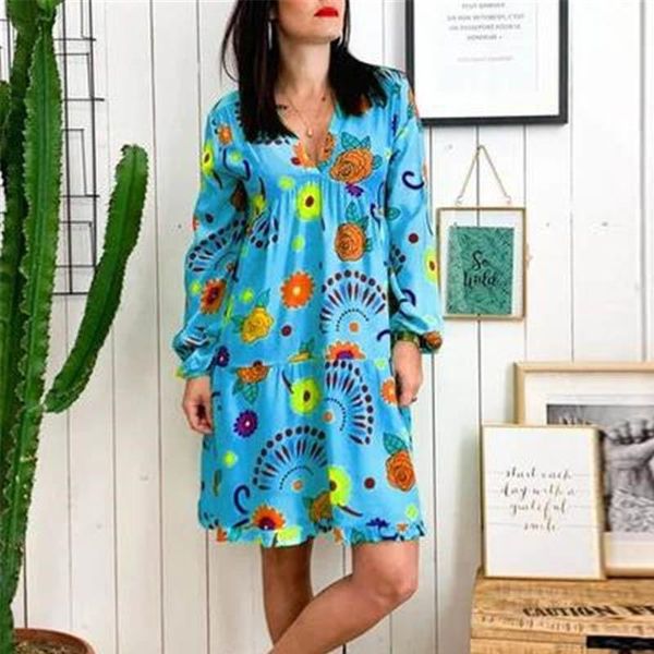 

casual dresses plus size 5xl women v neck floral print mini dress elegant 2021 summer beach long lantern sleeve vintage, Black;gray