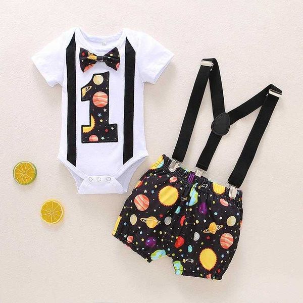 

2pcs fashion baby boys outfit toddlers baby short sleeve romper planet printing suspender shorts birthday baby sets g1023, White