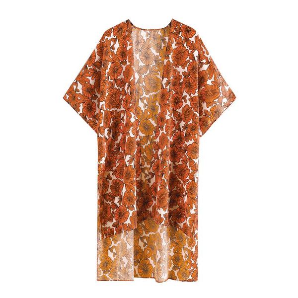 

fashion women casual beach blouse, orange floral printed pattern half sleeves loose style long wholesale women's swimwear, White;black