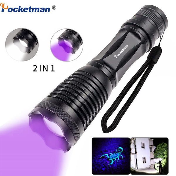 

20000lums 2 in 1 uv led torch light 395nm ultraviolet urine detector for camping carpet pet catch scorpions flashlights torches