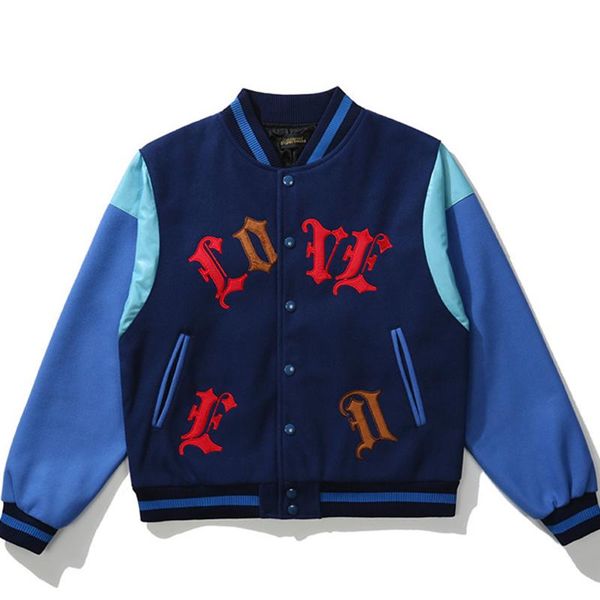 

men's jackets men heart embroidery cotton jacket ropa de hombre couple color contrast splicing retro neutral stand collar baseball unif, Black;brown