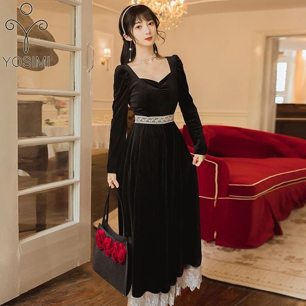 

black velvet women long dress 2021 autumn lace mid-calf sleeve fit and flare strapless vintage empire party dresses casual, Black;gray