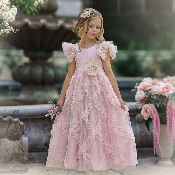 Açık Pembe Boncuklu Bohemian Çiçek Kız Elbiseler Plaj Düğün Backless Toddler Pageant Törenlerinde Tül Kat Uzunluk İlk Communion Elbise