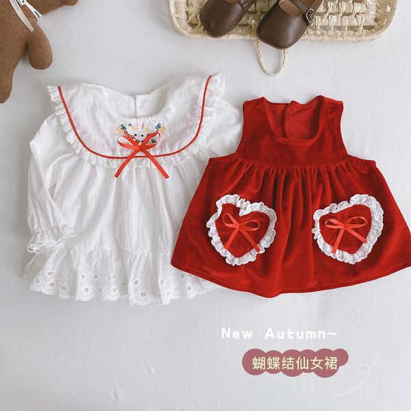 Toddler Bebek Kız Noel Giysileri Set Kırmızı Cep Elbise + Nakış Bluz Bebek Lolita Oufit Giyim Çocuk Kıyafetleri için 210529