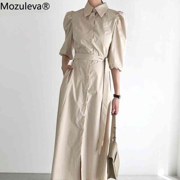 

elegant lapele turn-down collar women dress puff sleeve lace-up loose single-breasted ladies vestidos summer 210427, Black;gray