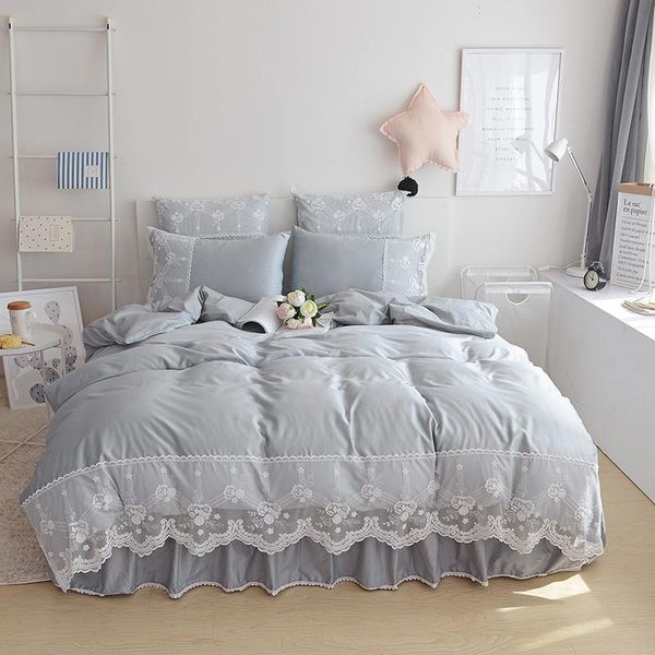

bedding sets 100%cotton set duvet cover european style lace home textiles gray pillowcase 4pcs  king bed size skirt