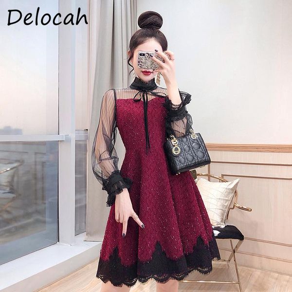 

casual dresses delocah women autumn fashion designerÂ party midi dress lantern sleeve lace bow high waist print ladies a-line vestidos, Black;gray