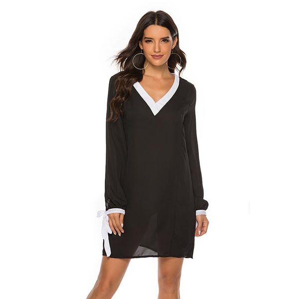

segmentation & club office lady long sleeve v neck summer dresses dress women contrast color casual party, Black;gray