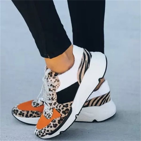 

woman sneakers fashion thick platform leopard print trainer women vulcanized shoes plus size casual breathable flats women shoes, Black;white