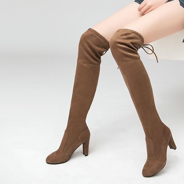 

boots 2021 autumn winter fashion women's shoes super stretch fiber ladies thick heel frosted over-the-knee, Black