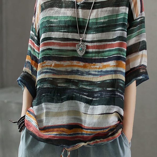 

f&je new summer women t shirt plus size half sleeve loose v-neck vintage striped wave print linen tee shirt d17, White