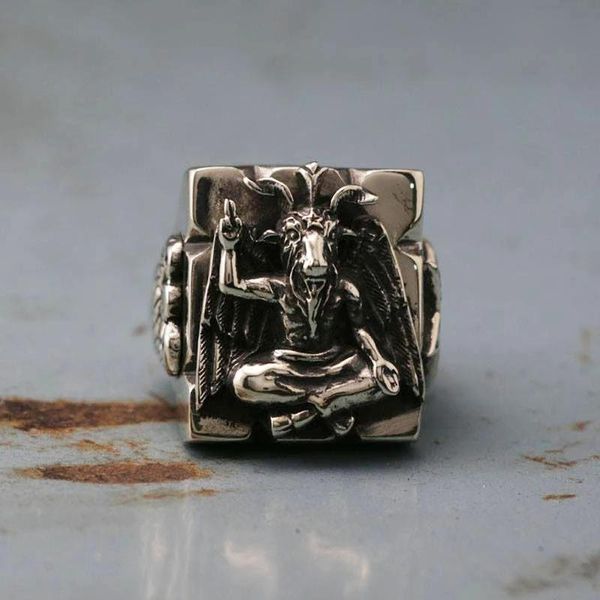 

cluster rings vintage baphomet men's stainless steel ring of satan pentagram sigil illuminati gothic cool jewelry anniversary gift, Golden;silver
