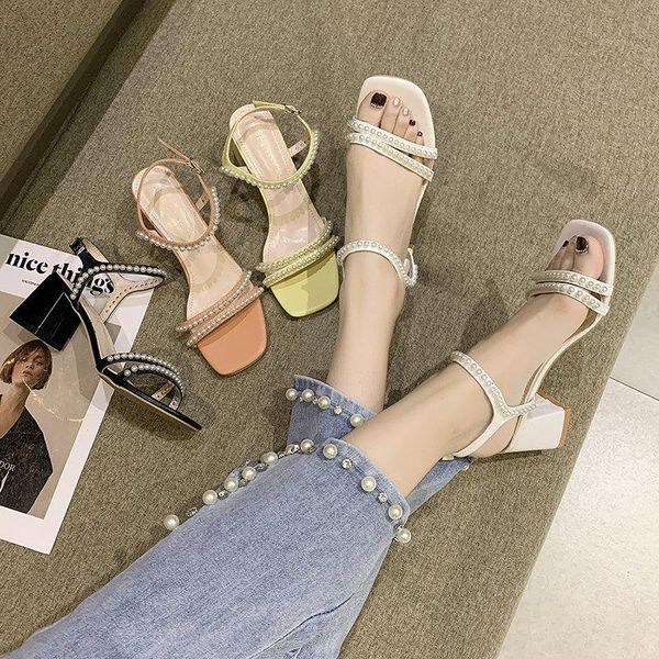 

sandals pearl female shoe buckle strap 2021 women's block heels all-match med girls summer chunky clear gladiator comfort be, Black
