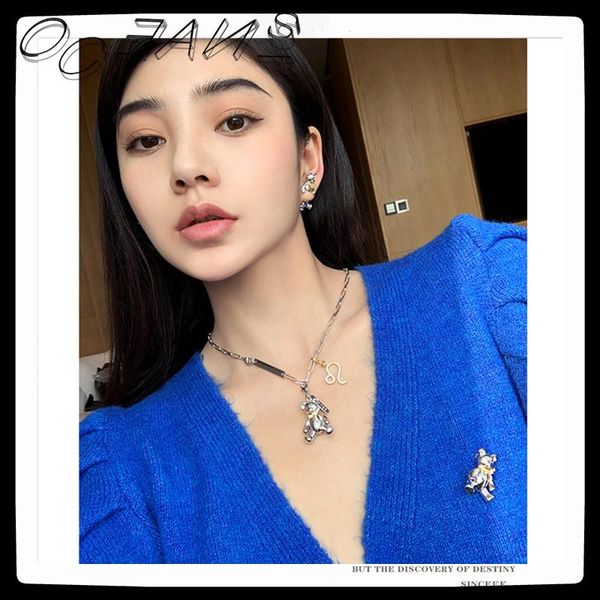 

sexemara hip hop punk little bear earring inlaid zircon personality constellation stud for women girls party jewelry, Golden;silver