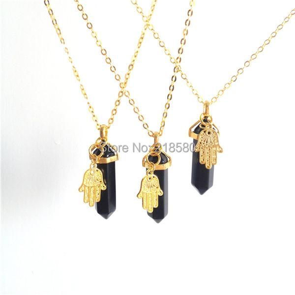 

sn-021 healing stone black obsidian hexagonal necklace with hamsa hand pendant necklaces, Silver
