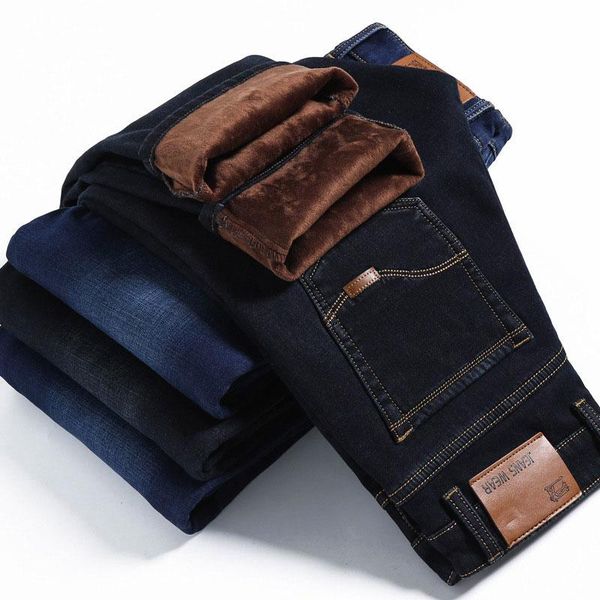 

men's jeans 2021 winter warm stretch trendy brand slim straight trousers plus velvet thick long pants, Blue