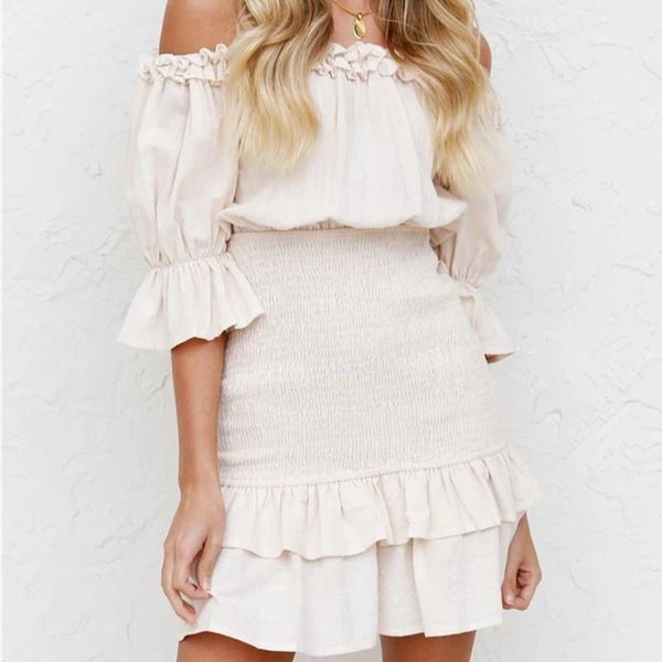 

casual dresses solid off shoulder ruffled elastic dress women summer holiday high waist cotton mini slim female vestido, Black;gray