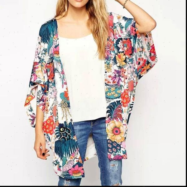 

arrival floral loose shawl kimono women shirts cardigan boho chiffon beach holiday blouse, White